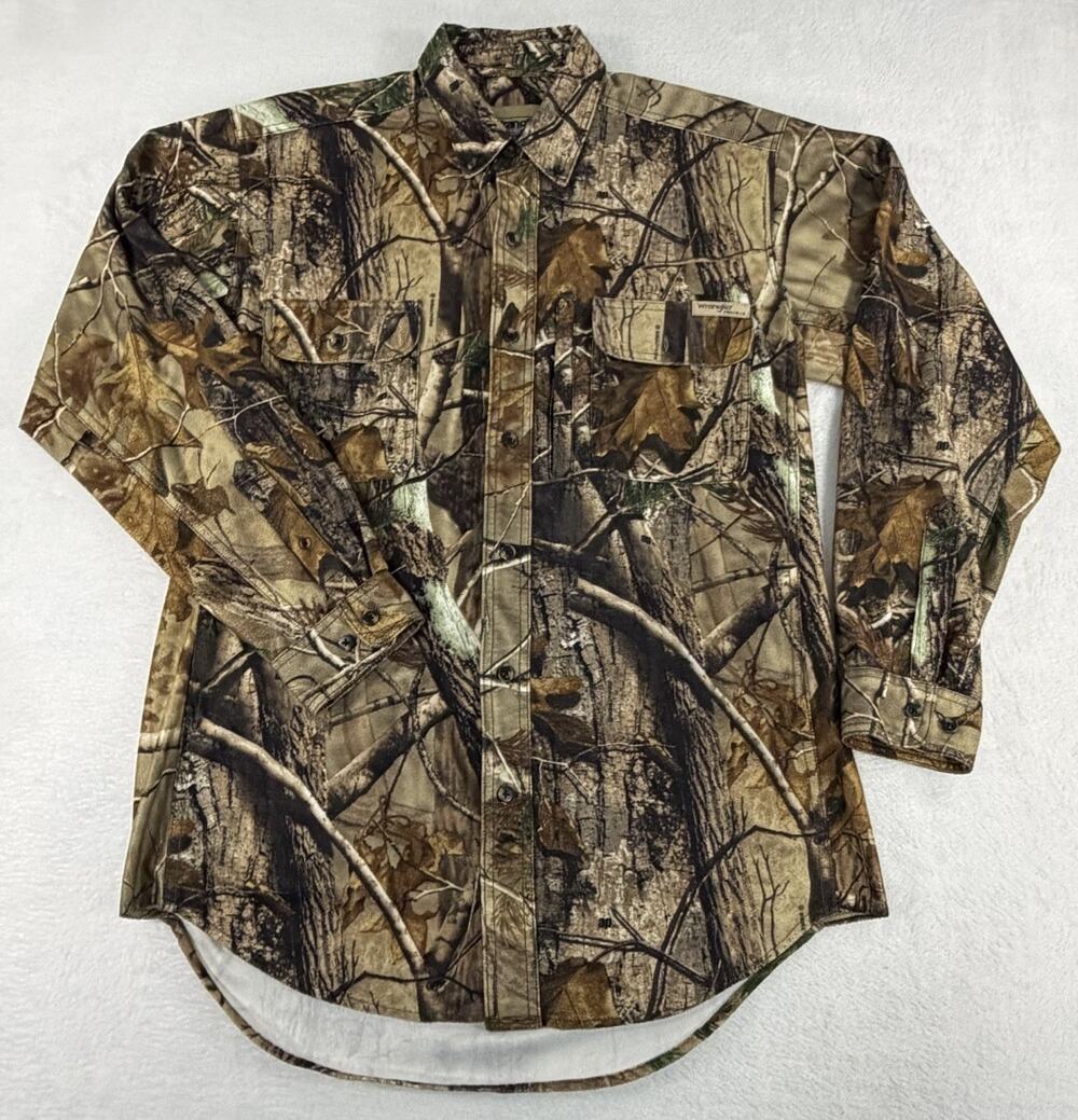 Wrangler Pro Gear Shirt Mens Large Camo Long Sleeve Button Up Realtree Woods